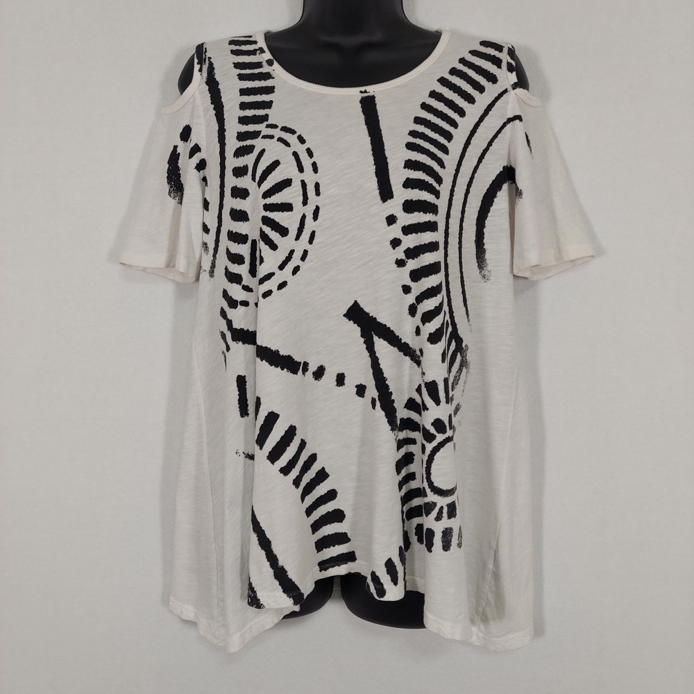 Jess & Jane Graphic S Cold Shoulder Tunic Top Black White Abstract Cotton USA